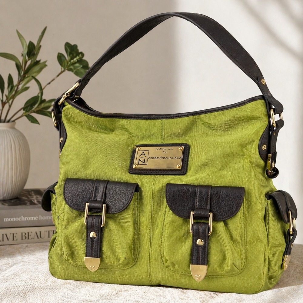 Patrick Lee Anteprima Nueve Green Canvas Leather Trim Tote Floral Lined Shoulder